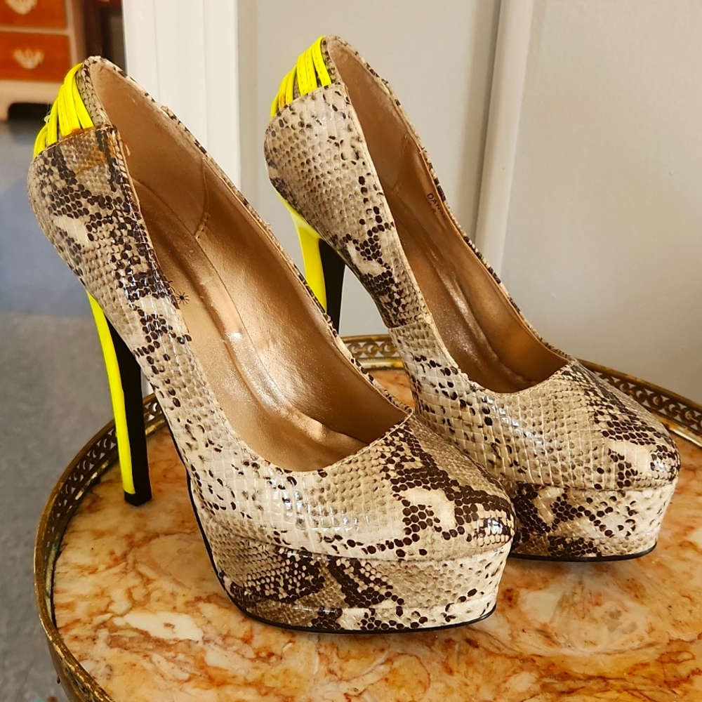 Snakeskin platform stilettos with Neon heels